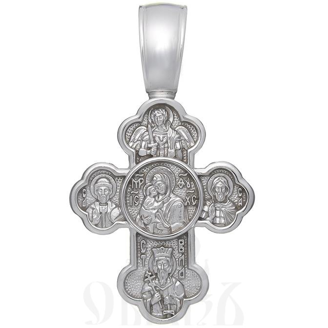 золотой крест трилистник с образами божией матери донская и святых защитников, 585 проба белого цвета (арт. 40210)