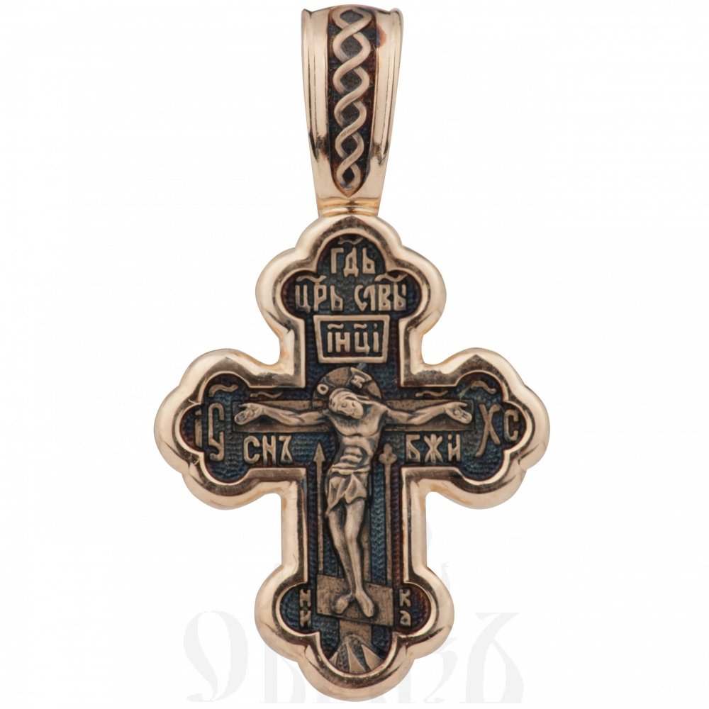 золотой крест трилистник с образами божией матери донская и святых защитников, 585 проба красного цвета (арт. 40312)
